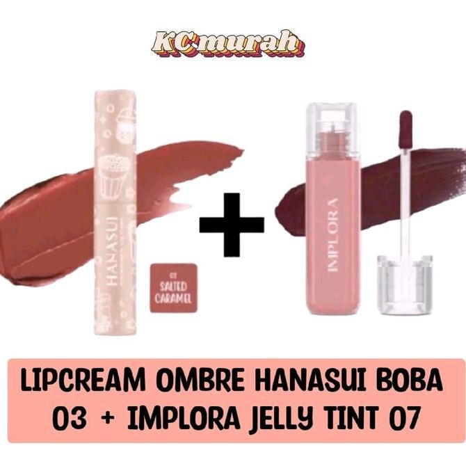 Paket Ombre Lipcream Hanasui Boba 03 + Jelly Tint Implora 07 Matte Tahan Lama Ringan Kering Gloss Or