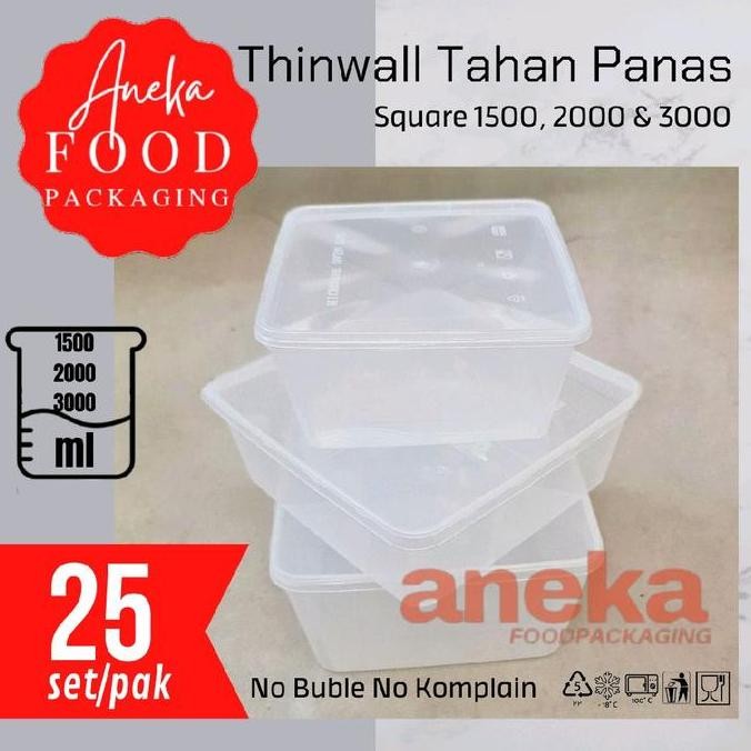 25Set- Thinwall Square 1500, 2000 & 3000Ml Sq Wadah Plastik Kotak Persegi Tahan Panas Es Jelly Desse