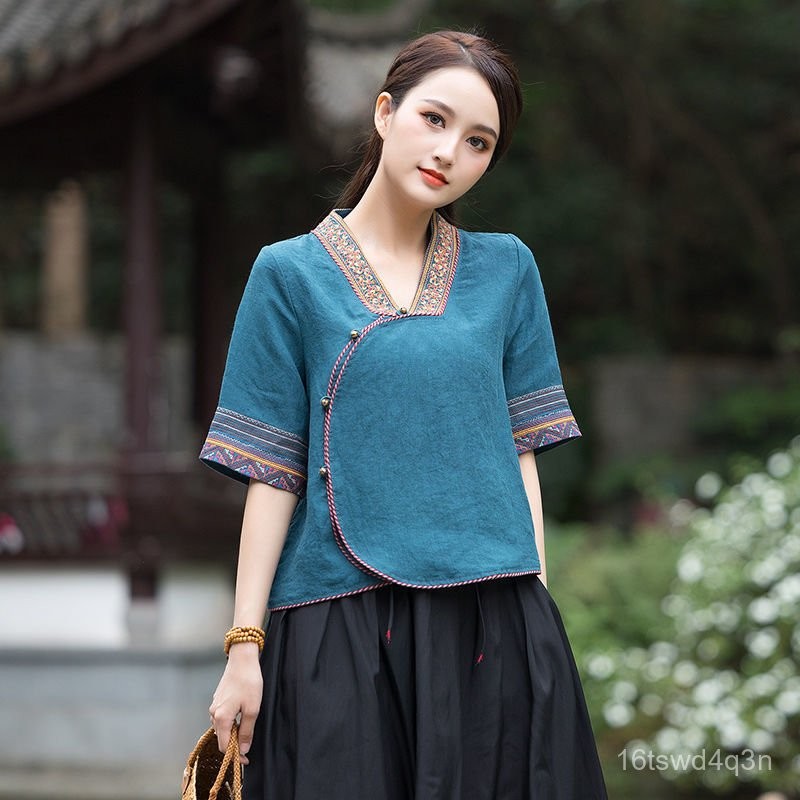 Blus Katun Linen Bordir Retro Gaya Etnik Pakaian Wanita