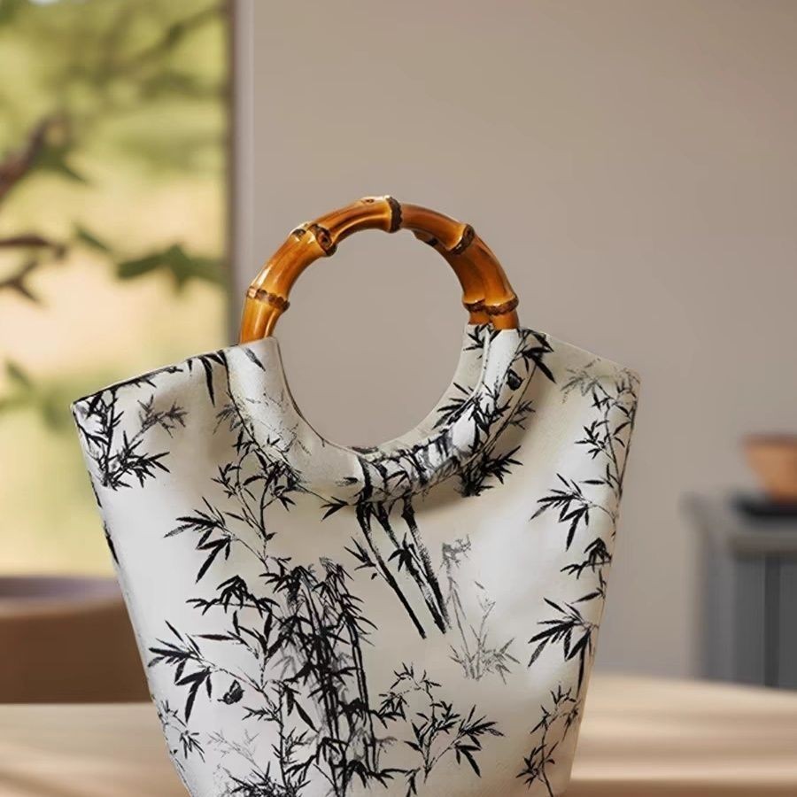 Tas Wanita Gaya Cina Jacquard Bambu Tas Tangan Simpul Bambu Hanfu Gaya Cina Baru Santai Peri Serbagu
