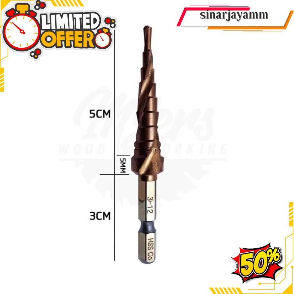 Mata Bor Pagoda Spiral Hss Cobalt M35 Hex Step Drill 3 -12Mm Original Produk