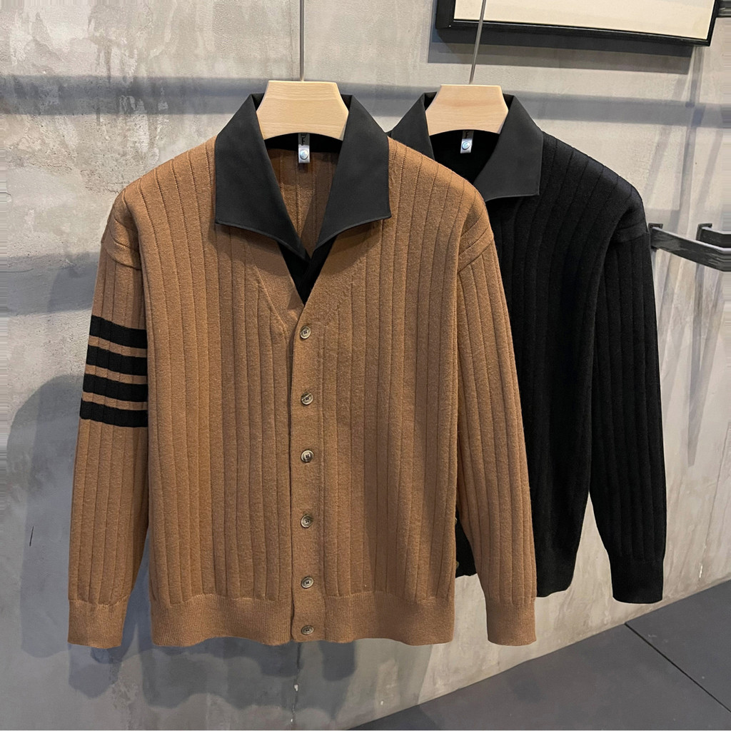 Kardigan Rajut Pria Trendy Serbaguna Palsu Dua Potong Sweater Lengan Panjang Santai