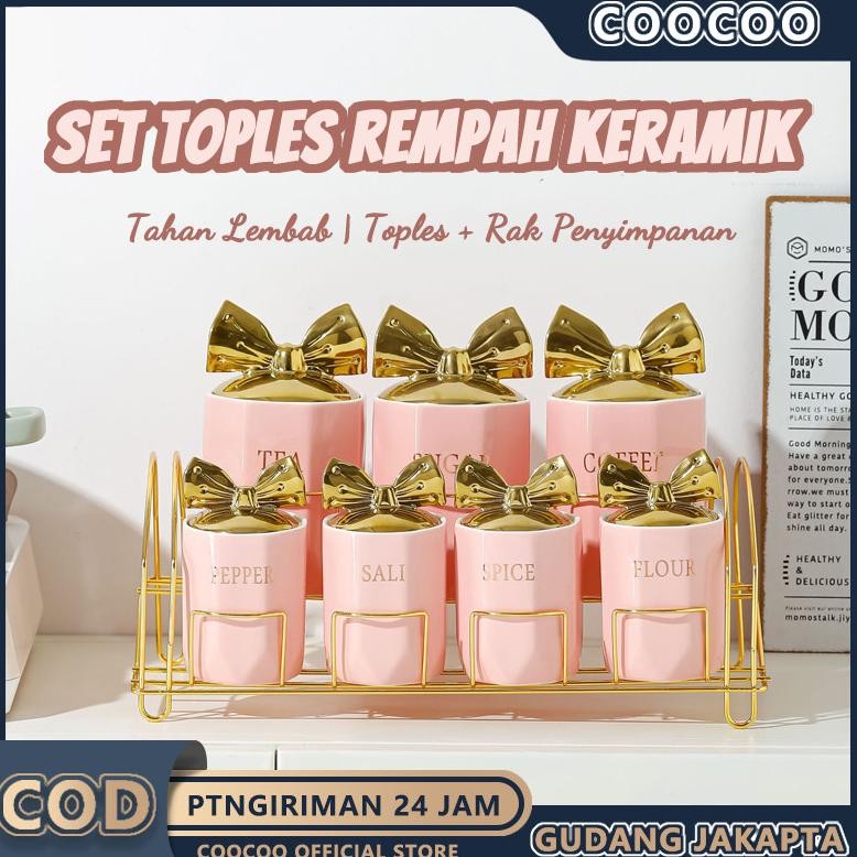 7IN1 Wadah Bumbu Keramik/7IN1 Tempat Bumbu Pita Astetik Guci Tertutup Keramik/Model Cantik Aksen Cer