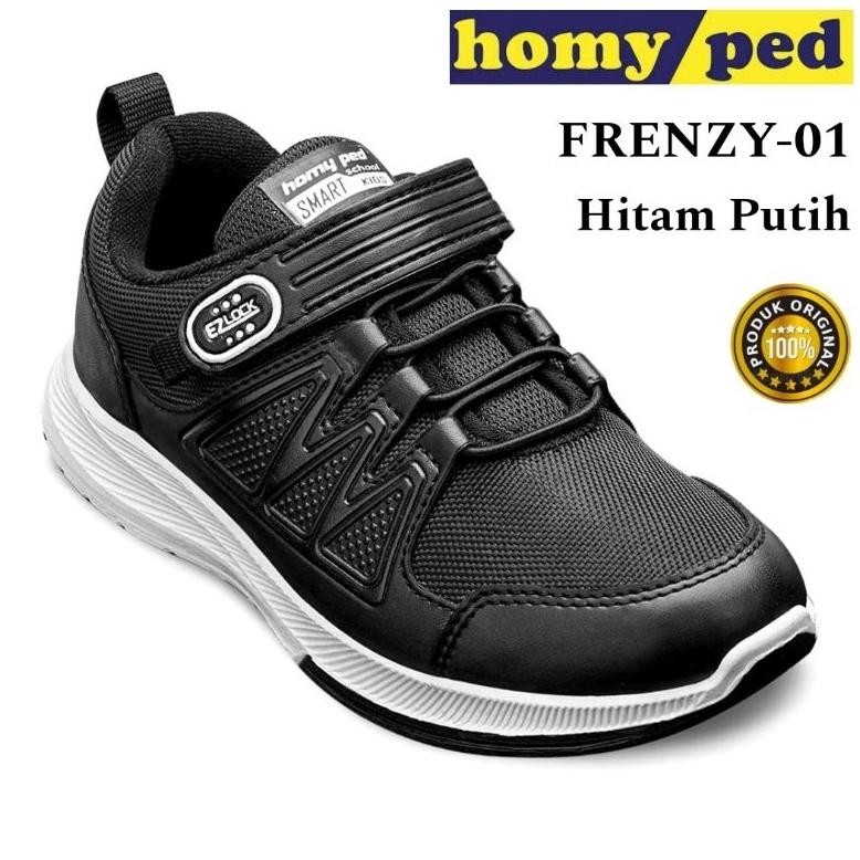 Homyped Sepatu Anak Sekolah Cowok Cewek Hitam Putih Perekat Tali Kekinian Size 29 sd 38
