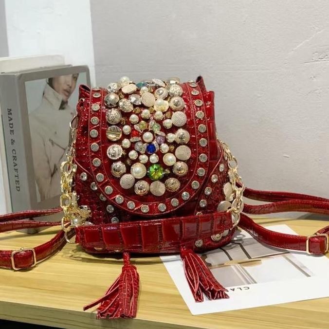 New Arrival 1367 Merah  Croco Tas Wanita Mutiara Cantik Dan Elegan Tas Pesta Wanita Premium Tas Fash