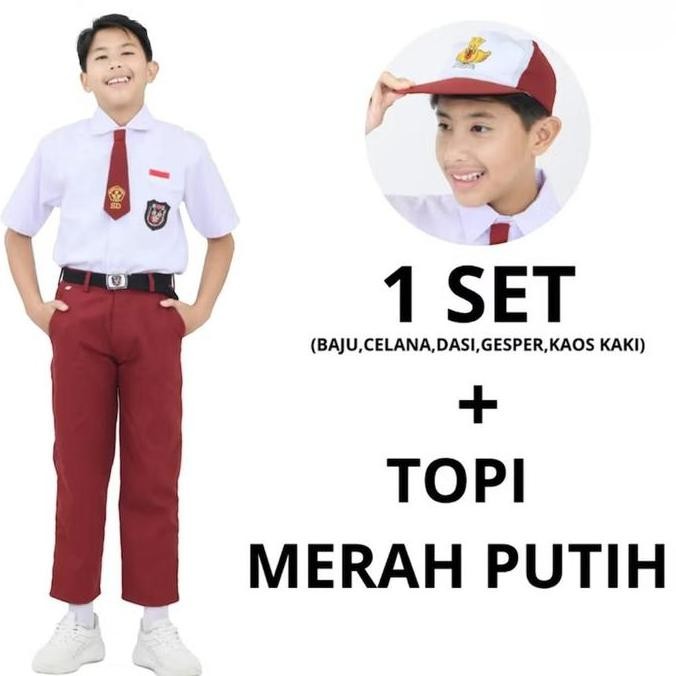 Setelan Seragam Sekolah SD Lengkap Baju Seragam Sekolah Merah Putih Anak Laki Laki Lengan Pendek - s