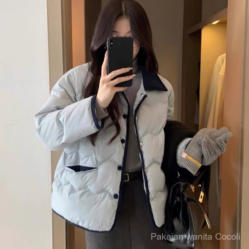 Women's New Fashion Corduroy Color-Block Turn-Down Collar Loose Puffer Jacket