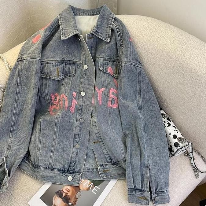 25OCLOCK - Lettering Print Graffiti Denim Jacket / Jeans Jacket Wanita PS