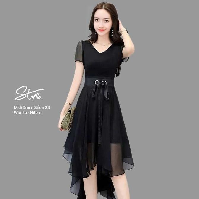 Midi Dress Korea Lengan Pendek Wanita Layer Sifon Asimetri Moody Hitam dres  kaos Cantik