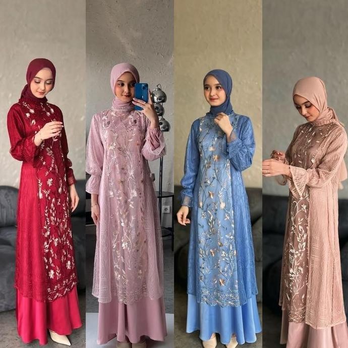 Hijablabel | Zeya - Gamis Kondangan Muslim Wanita Mewah ( Inner Outer ) | Dress Tile Panjang Simple 