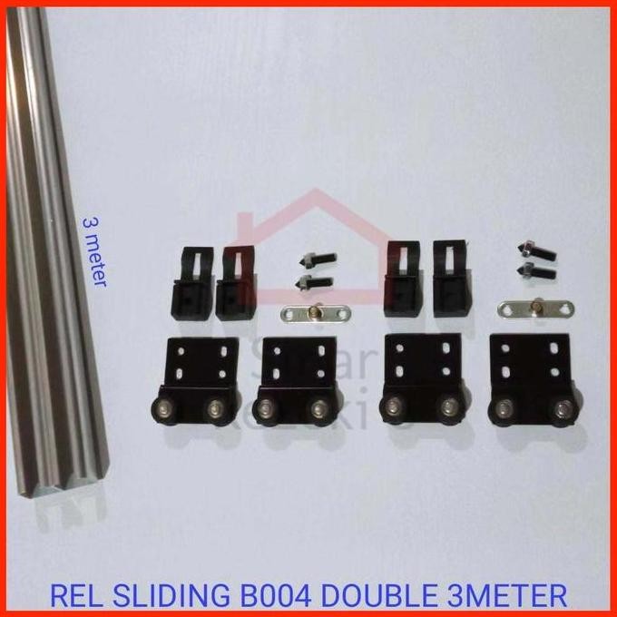 TERBARU - SET Rel Sliding B004 DOUBLE 3 MTR + Roda / Pintu Lemari Gantung Geser