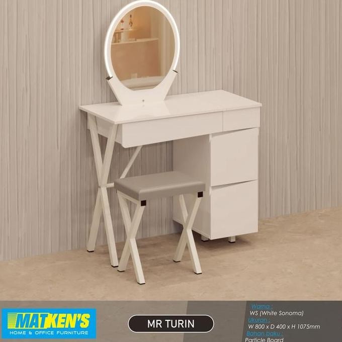 TERBARU - Meja Rias Kaca Bulat Turin - Meja Make Up Free Kursi - Tiolet Minimalis Lampu LED - Medan