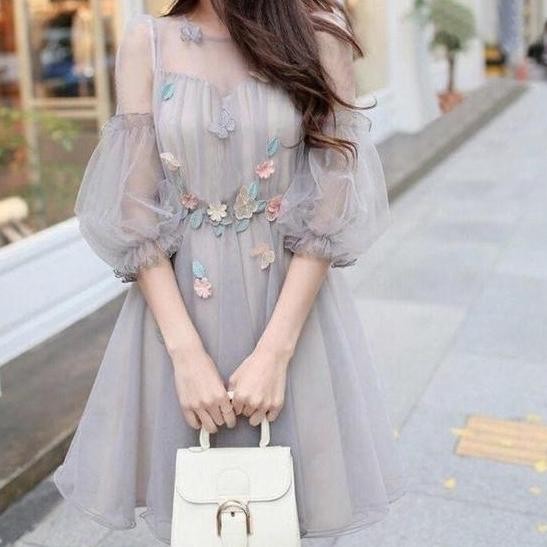 Premium Midi Dress Floral Elegant Lace Pastel Grey Wedding Party BS
