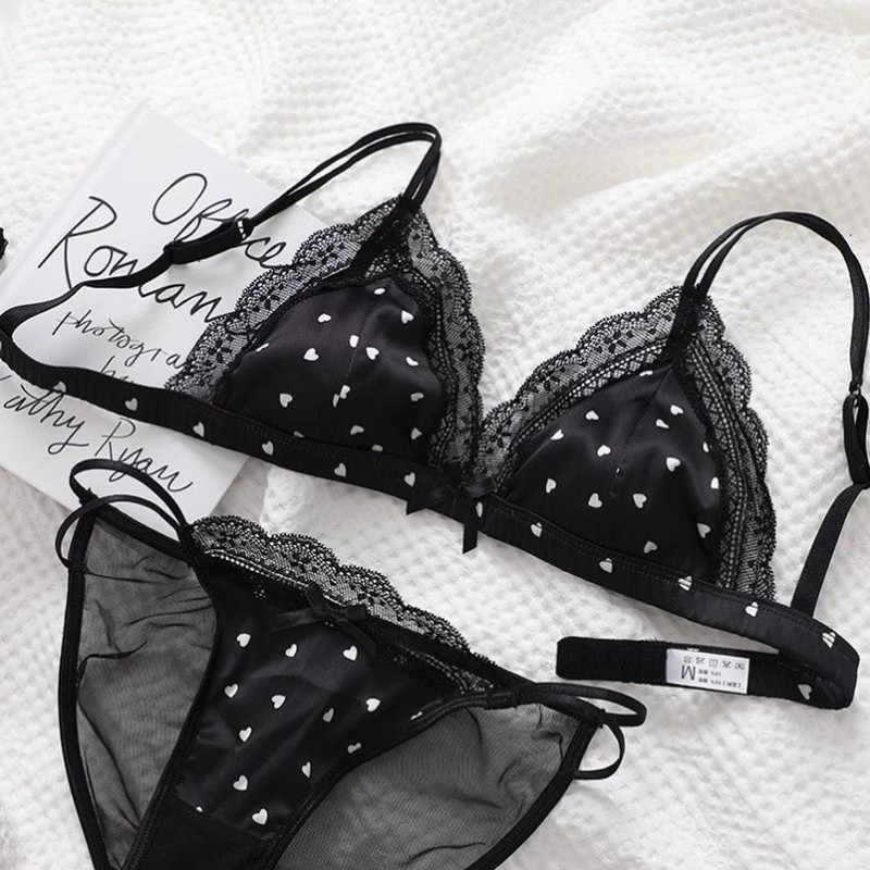 [COD]Set bra tipis seksi dengan renda satin dan cup segitiga yang manis
