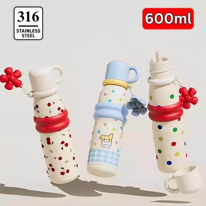 Botol Minum Stainless Steel 600Ml / Tumbler Portable Insulated Bottle With Mug Kawai