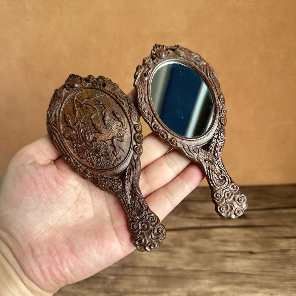 Cermin Gaya Antik Cermin Genggam Ukiran Kayu Sandalwood Cermin Makeup Vintage