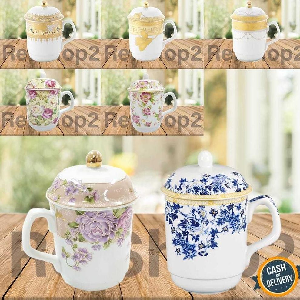 Terlaris Mug Cangkir Keramik dengan Tutup Aneka Motif Vicenza / Cangkir Kopi Bahan Keramik Terbaru