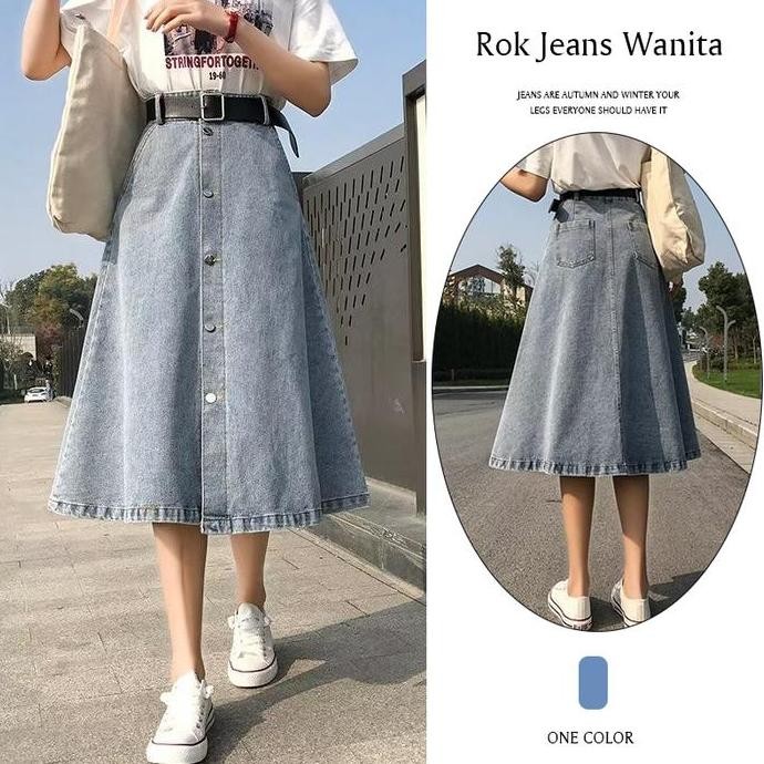 COD (Ready stok) rok kancing penuh rok korean style panjang 7/8 rok jeans wanita kancing depan rok j