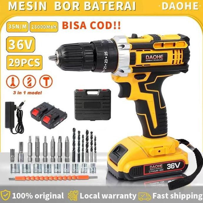 PAPPITSON- DAOHE Mesin Bor Baterai 36vf 25+3 Cordless Impact Lengkap 2 Baterai Fullset Koper 35NM 10