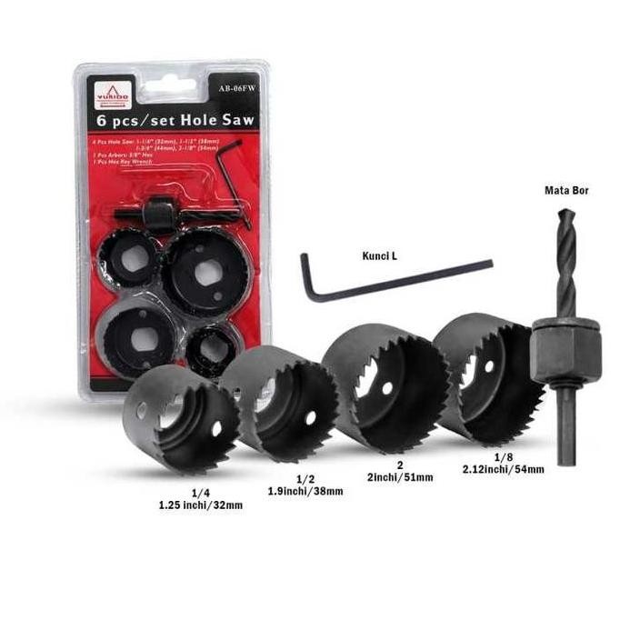 PAPPITSON - Set Mata Bor Pelubang Kayu/PVC/Plastik YUKIDO AB-06FW 6 Pcs Lengkap dengan kunci dan mat