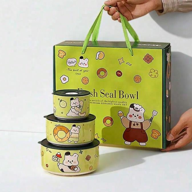 Three Piece Set Sealed Bowl Instant Noodle Bowl Set Gift Microwave / 3 Pcs Set Mangkok Tutup Seal Gi