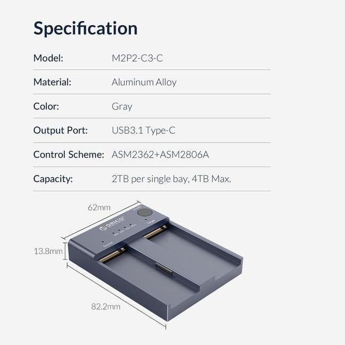 Orico Nvme M.2 Ssd Duplicator - M2P2-C3-C