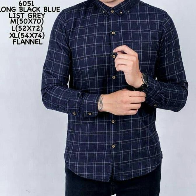 Kemeja Pria Panjang Flanel Black Blue List Grey |Kemeja Flanel Distro