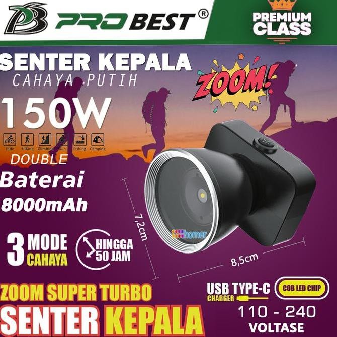 DF273>> PROBEST Senter kepala COB LED CHIP Cahaya Terang Normal SOS & Zoom In & Out Headlamp PREMIUM
