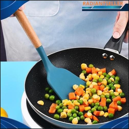 Terlaris Spatula Silikon Utensil Gagang Kayu Tahan Panas Sutil Silikon Tahan Panas