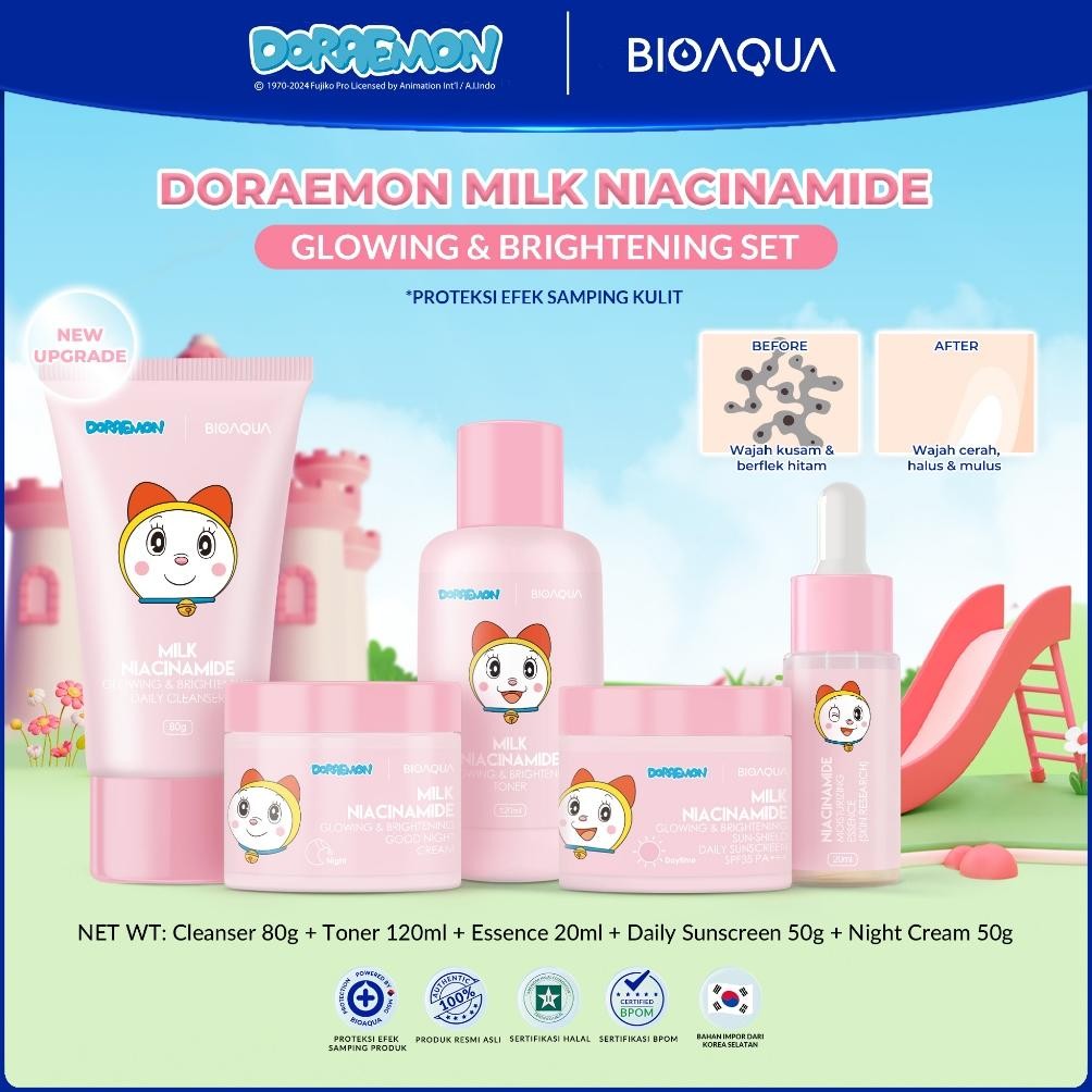 Kekinian - BIOAQUA 4pcs Skincare Paket Niacinamide Brightening | BIOAQUA X DORAEMON SET PAKET SKINCA