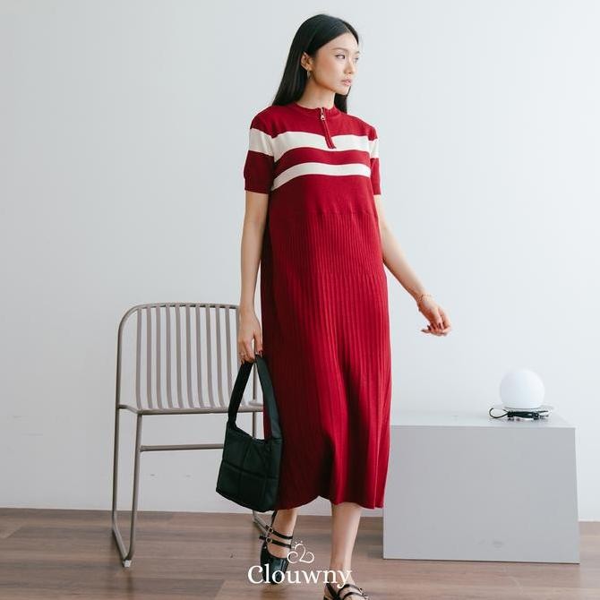 Clouwny Fafa Knit Dress Rajut Wanita Zipper Dress Premium Knitt Casual Cream Maroon Panjang Lilac Pe