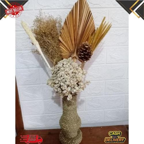 New Paket Daun Kering+Pot Guci Mini+Bunga Kering Aesthetic/Daun Palem Kering/Bunga Rustic