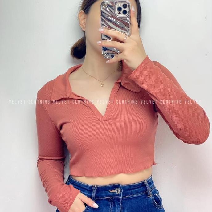 Crop Top Rib Lengan Panjang / Crop Top Long Sleeve Rib / Crop Top Kerah Lengan Panjang Wanita 4554 A