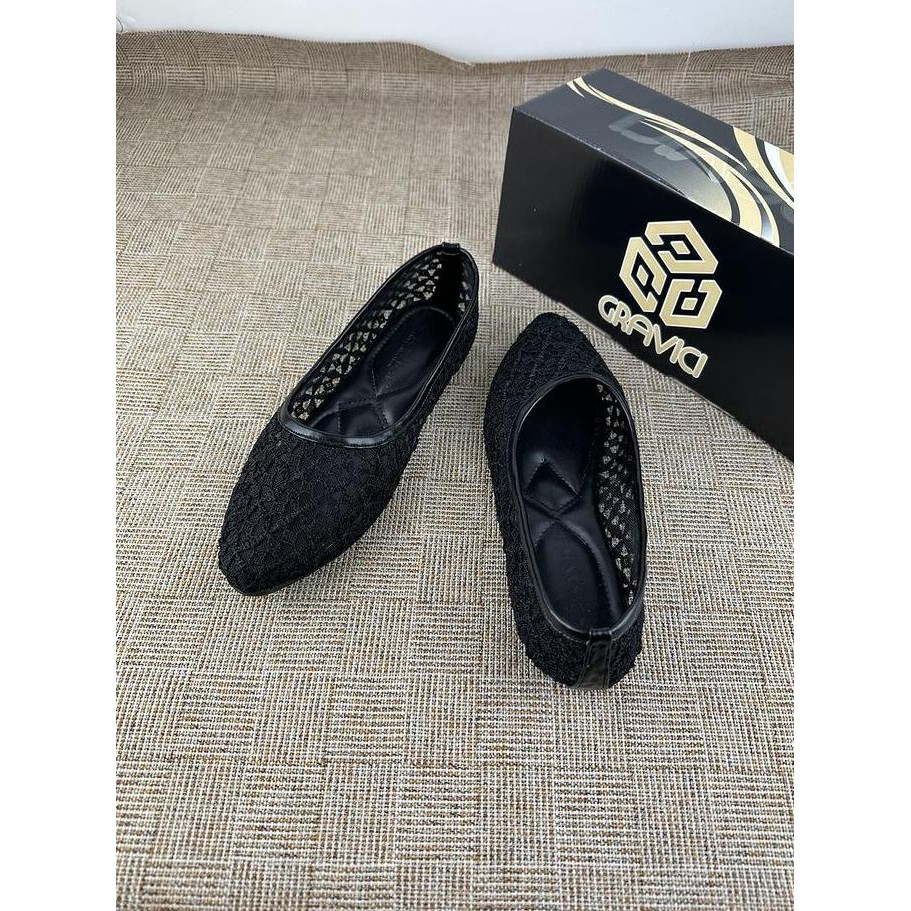 Promo Sepatu Kerja Flat Shoes Wanita Bahan Rajut Import Gravici JA-75 Karet Hitam flat  shoes flat  