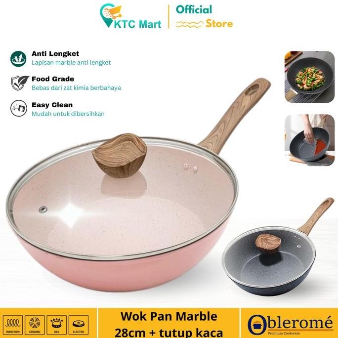 Oblerome - Deep Pan Marble Granite 28 Cm + Tutup Kaca Wok Pan Granite