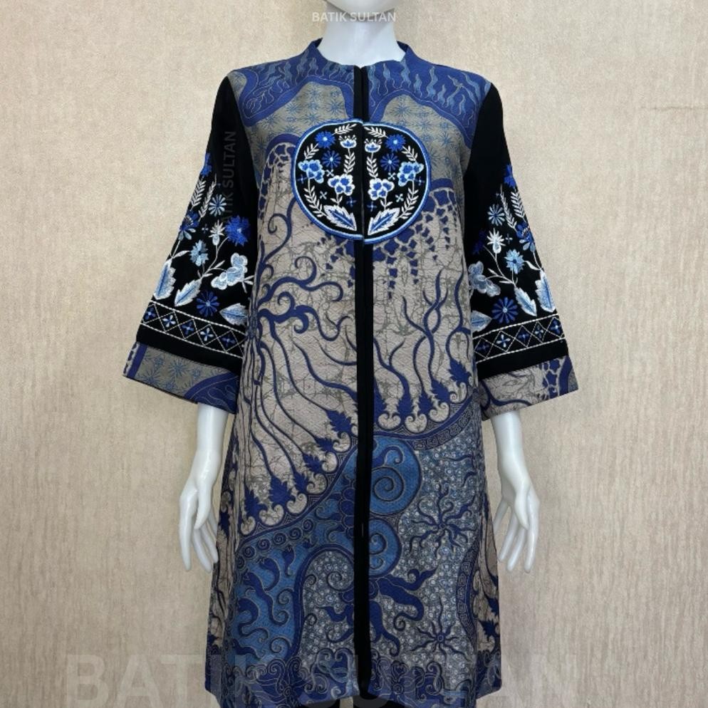 Atasan Tunik Batik Wanita Kain Doby Bordiran Reguler Fit Lapisan Tricot Waffle Mewah Elegan Formal K
