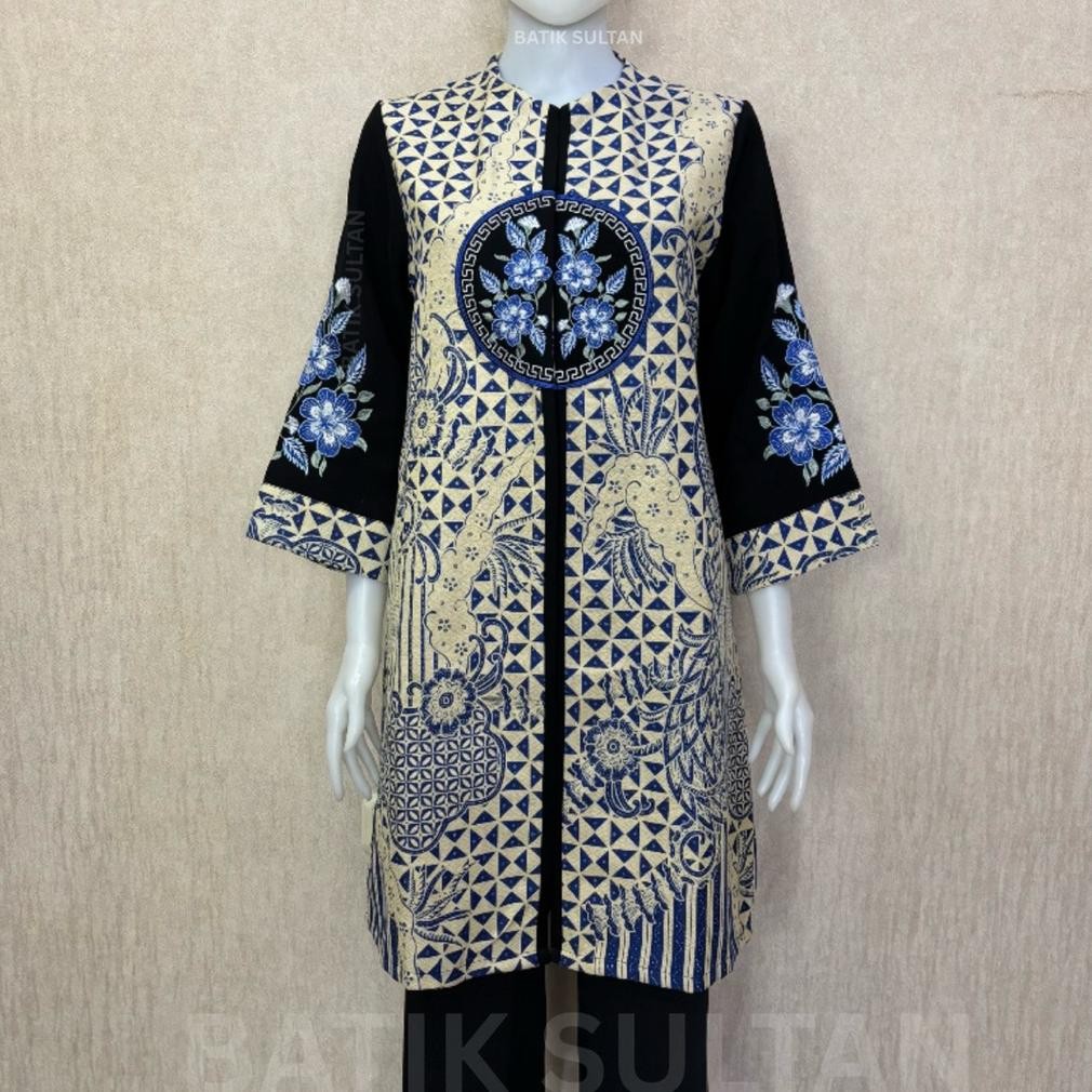 Atasan Tunik Batik Wanita Kain Doby Premium Bordiran Reguler Fit Lapisan Tricot Waffle Mewah Elegan 