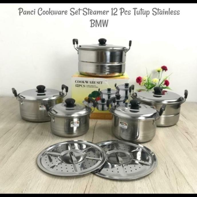 Panci Cookware Set Steamer 12 Pcs Tutup Stainless Bmw 168S