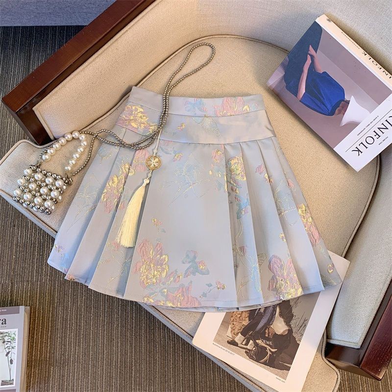 [COD]Rok pendek gaya Cina baru ukuran besar baru rok wajah kuda rok lipit rok pendek satin jacquard