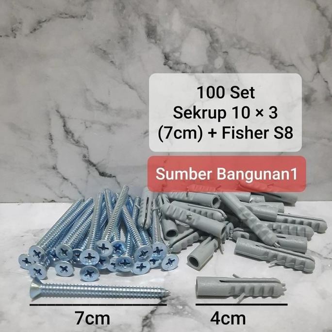 Premium Sekrup FH 10 x 3 + fisher skrup tanam tembok S8 8mm putih 7cm 7 cm Promo