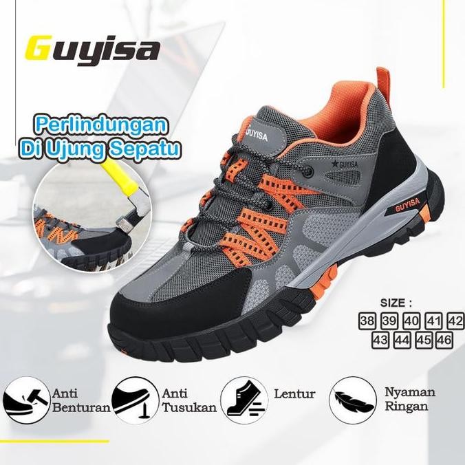 Guyisa Sepatu Sneakers Safety Sport Abu Orange | Sepatu Safety Sport | Sepatu Kerja | Sepatu Pabrik 