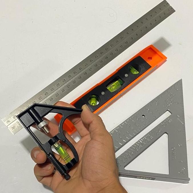 Paket YUKIDO Penggaris Siku L/Penggaris Siku Segitiga Waterpass dan Penggaris Segi Tiga