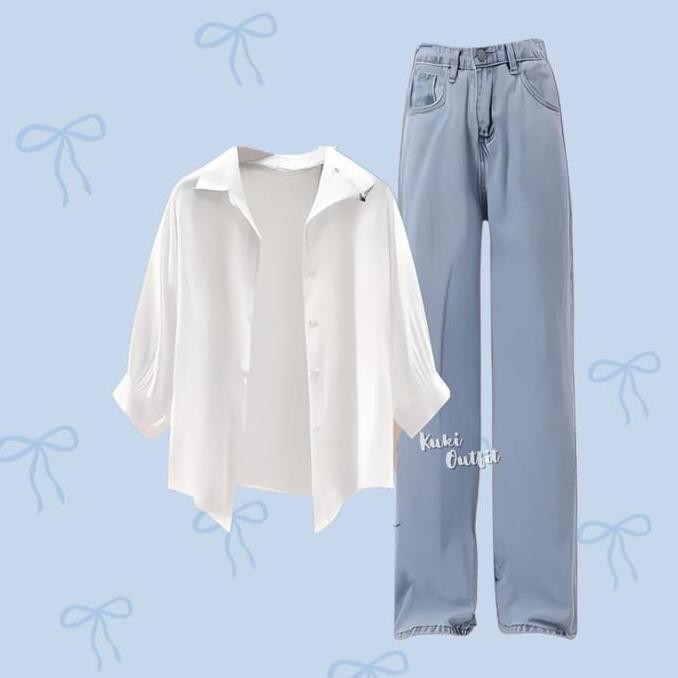 1 Set Korean Style (Kemeja, Celana Jeans, Tanktop) One Set Wanita Hijab Ootd Rajut Stripe - Kk149 At