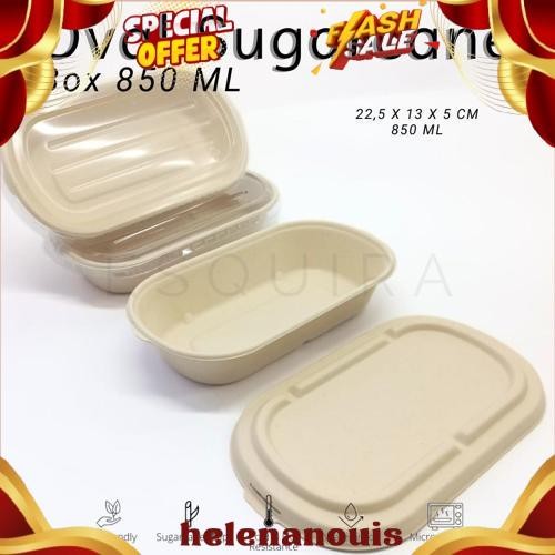 New Sale Oval Sugarcane Box 850 ML / Lunch Box 10 Pcs + Lid / TAB850