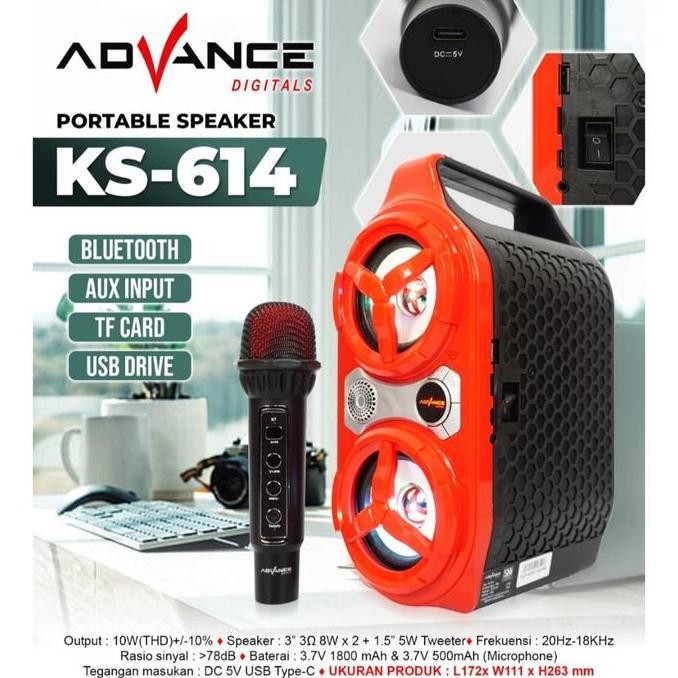 TERMURAH - ADVANCE SPEAKER PORTABLE BLUETOOTH KS-614 PLUS MIC KARAOKE