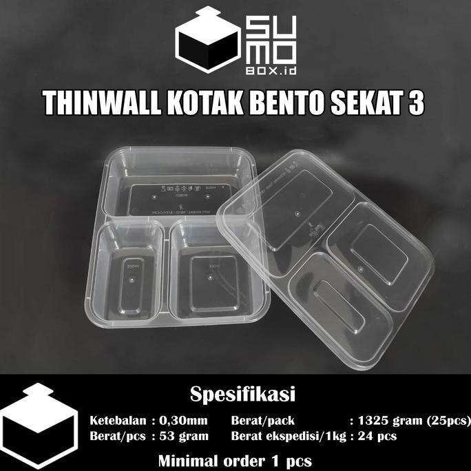 Bento 3 Sekat + Tutup / Thinwall Bento Sekat / Box Kotak Nasi Plastik