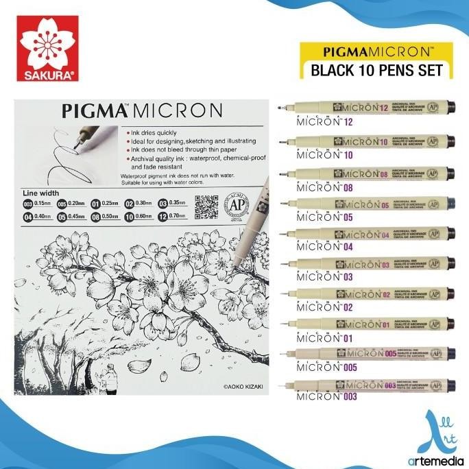 SAKURA PIGMA MICRON SET 10 DRAWING PEN PIGMENT INK ORIGINAL DAN TERPERCAYA