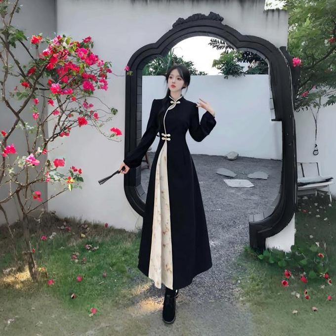 Gaya Oriental Korea Vintage Retro Klasik ress Panjang Dress Panjang Qipao Motif Bunga Bisa untuk Hij