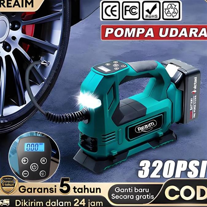 SINISTER- REAIM Pompa Ban Mobil Elektrik Portable 21V dengan Digital LCD Display, Kompresor Angin Mi