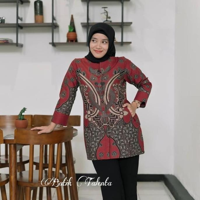 Promo BATIK BAGUS atasan batik wanita modern dress tunik batik kerja premium Merah Jumbo - Merah, S 